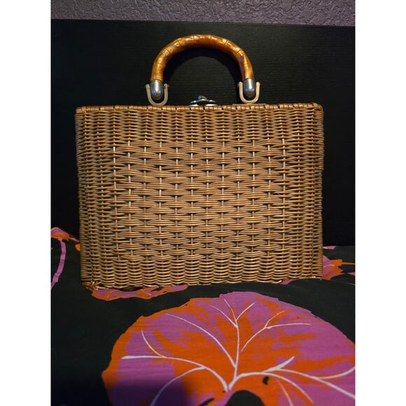 Vintage woven wicker briefcase style purse faux bamboo handle medium - Picture 3 of 11